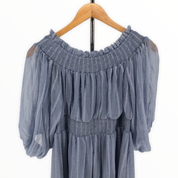 ASOS Maternity Off Shoulder Blue Stripe Mini Dress with Sheer Blouson Sleeve - Picture 9 of 14